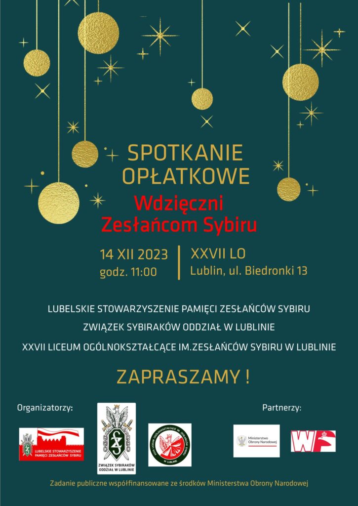 Plakat z informacją o Spotkaniu Opłatkowym "Wdzięczni Zesłańcom Sybiru" - kliknięcie spowoduje wyświetlenie zdjęcia