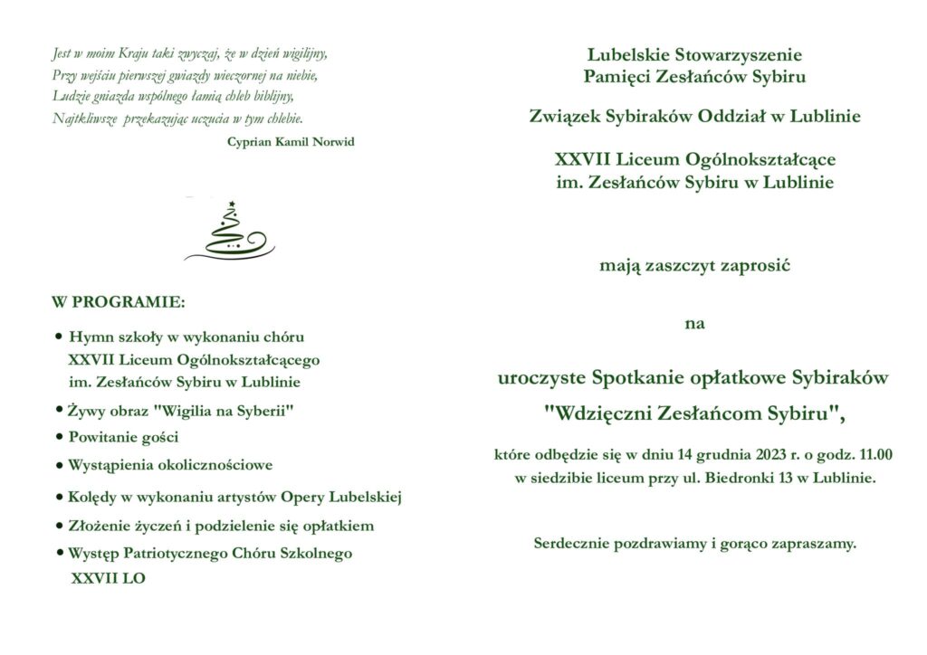 Zaproszenie z informacją o Spotkaniu Opłatkowym "Wdzięczni Zesłańcom Sybiru" , program wydarzenia- kliknięcie spowoduje wyświetlenie zdjęcia